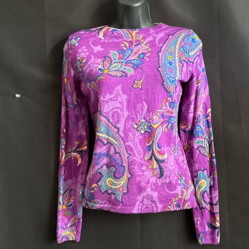 Talbots Sweater M Purple Boho Paisley Merino Wool Artsy Whimsical Fairy Maximist